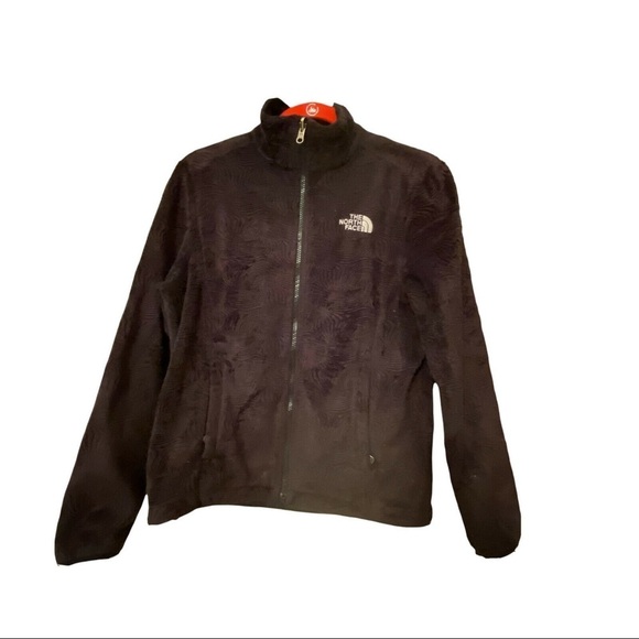 North Face Rare Swirl Pattern Fleece Jacket Osito Women Black Zip Pockets Sz S/P - Picture 1 of 10